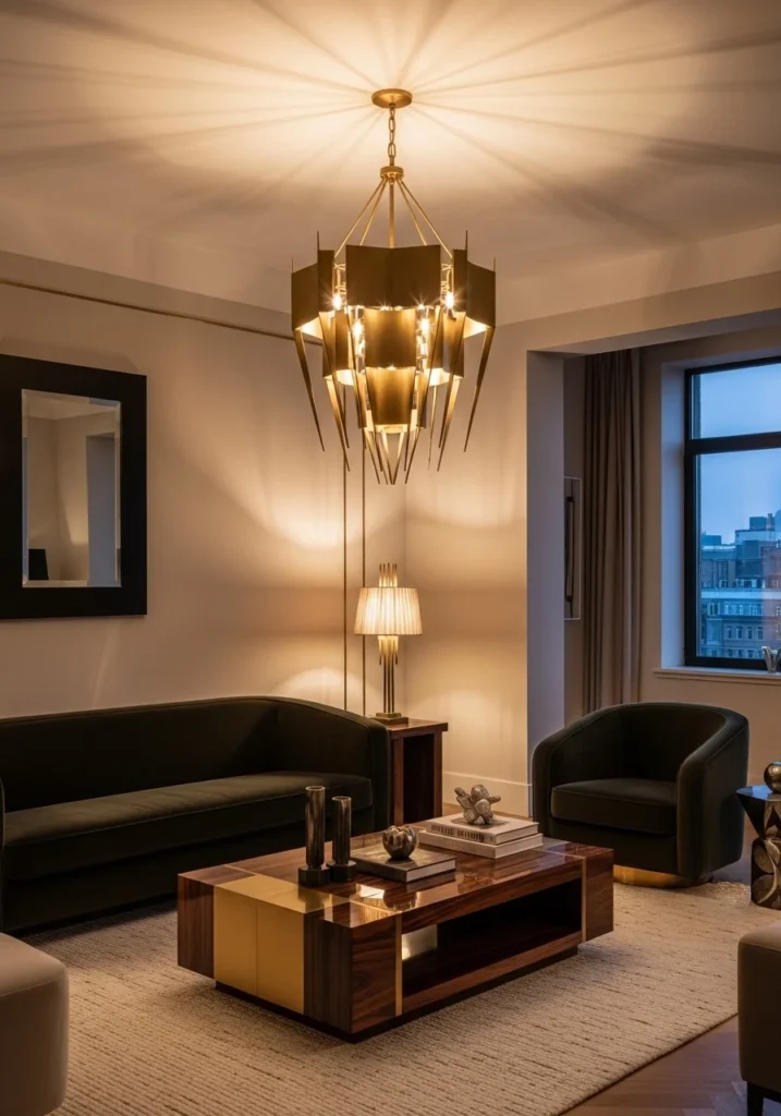 Statement lighting in neo deco living room – dramatic yet refined