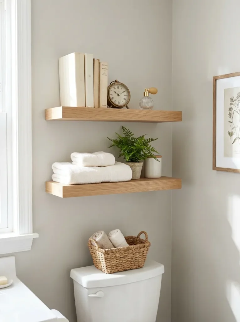 Above-toilet floating shelves with neutral wrapped books and a clock.