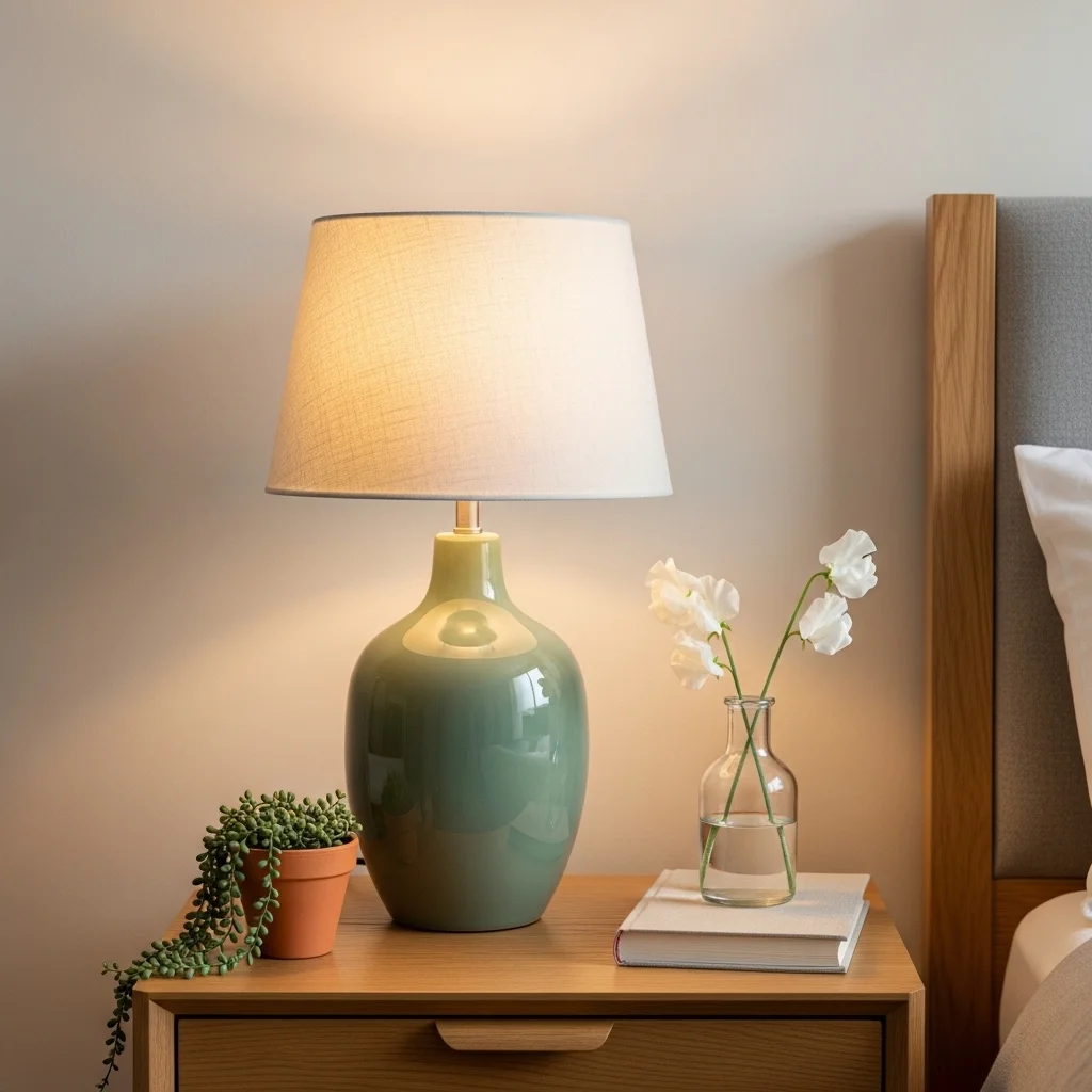 Sage green ceramic table lamp with cream linen shade as hero piece on spring bedroom nightstand with sweet pea vase linen book and trailing succulent for nightstand decor ideas for spring