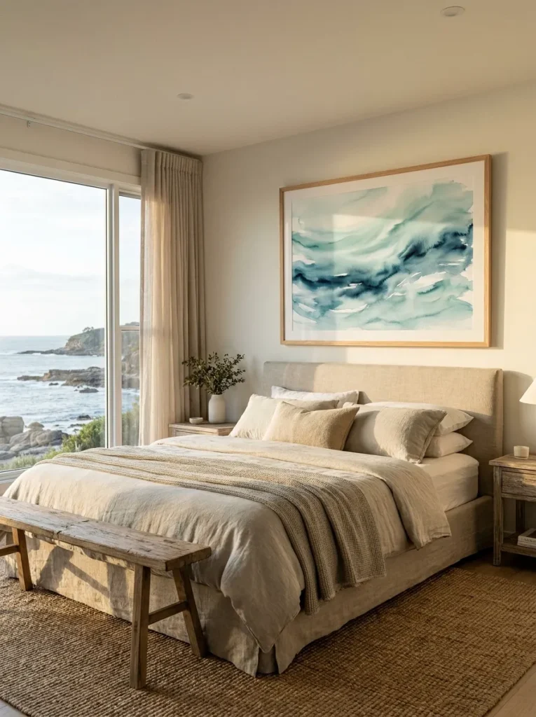 Large ocean watercolor art hanging in a coastal bedroom.