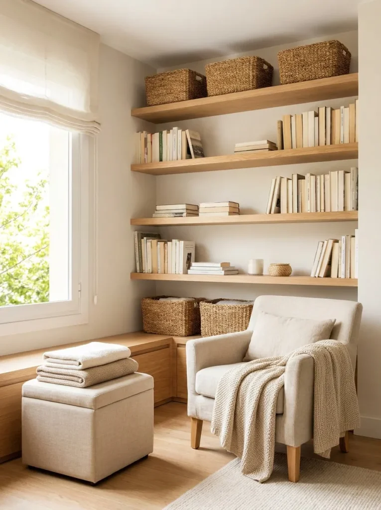 Reading nook with woven basket storage, floating shelves, and neatly organized books.