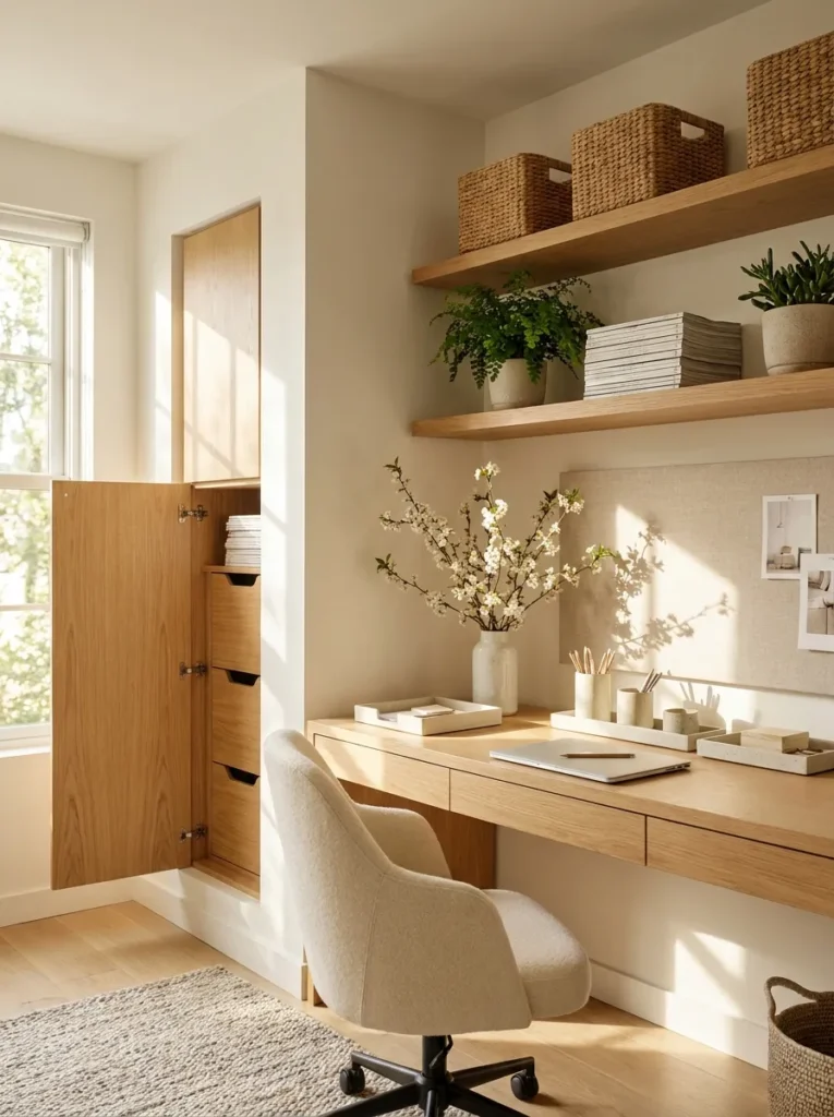 Organized spring home office with hidden storage, woven baskets, floating shelves, and a clutter-free desk.