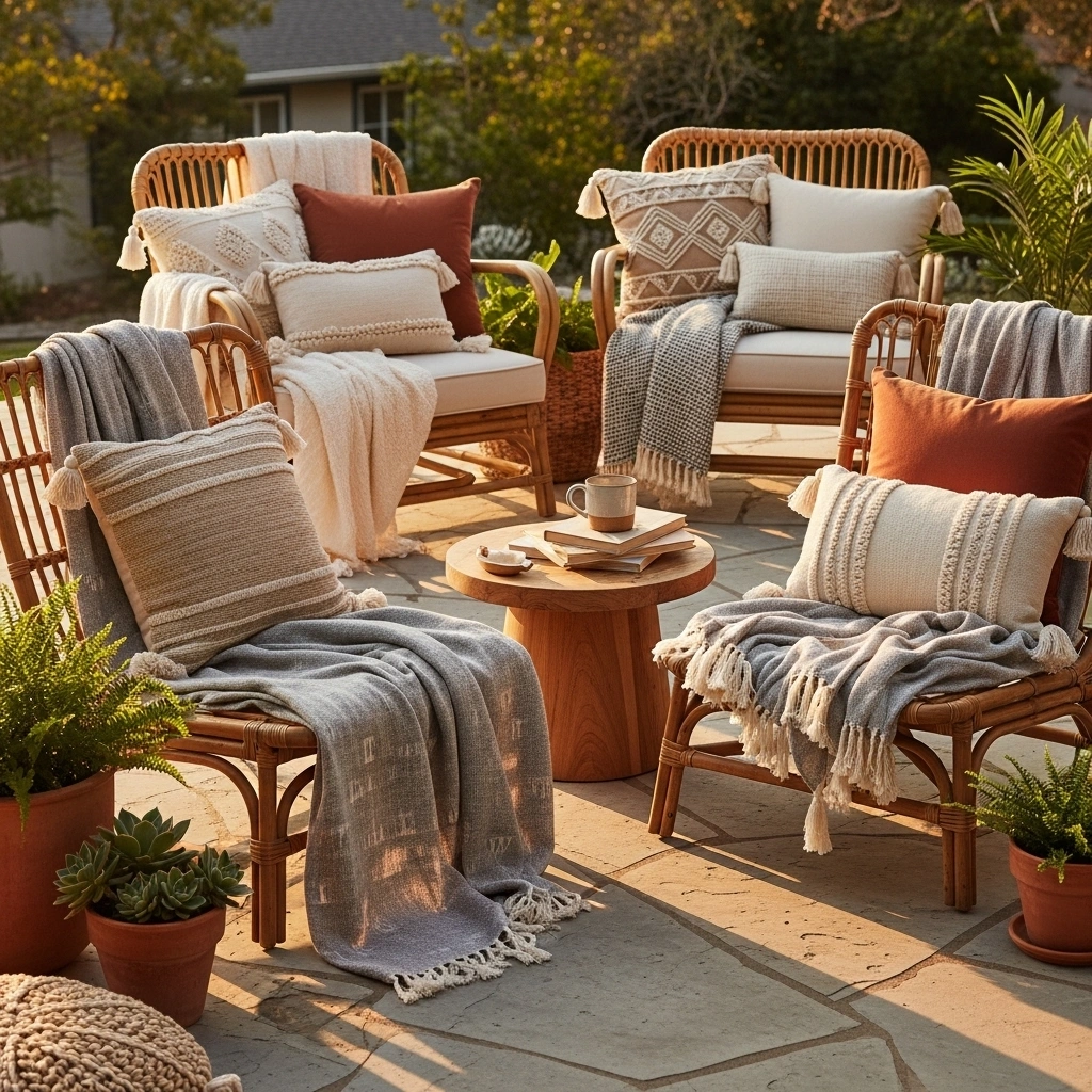 Outdoor boho lounge chairs with layered textiles – comfortable spring seating