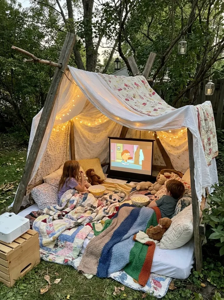 Blanket fort for outdoor movie night – magical for kids