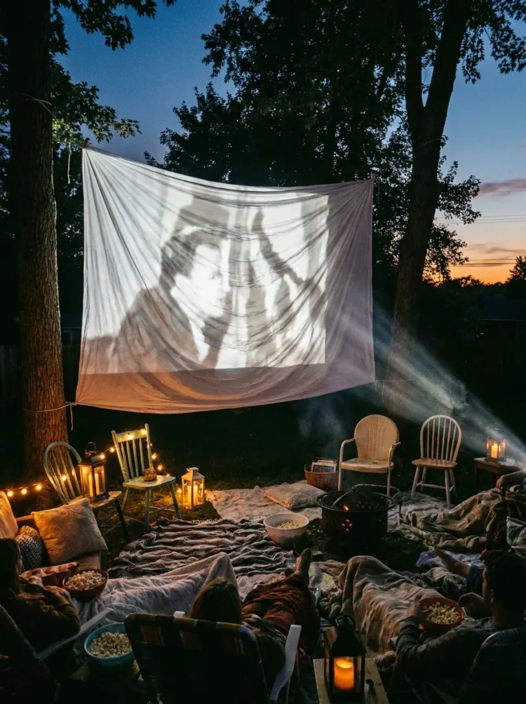 Outdoor projector setup with white sheet screen – easy backyard movie night