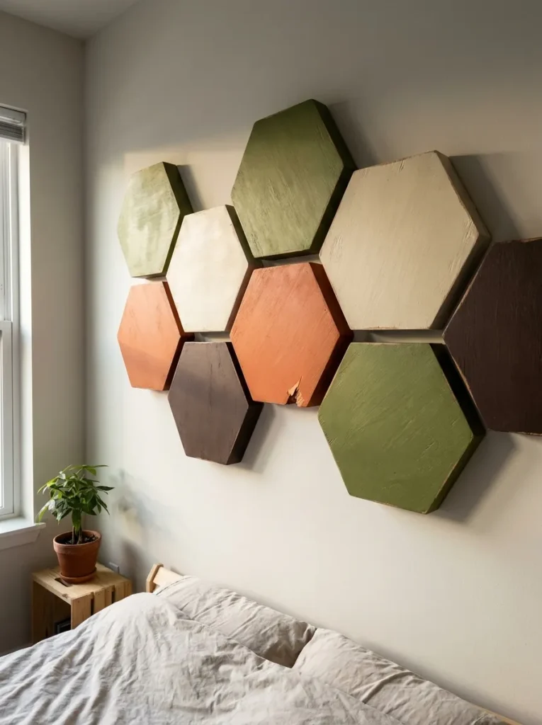 Painted geometric wood blocks as wall sculpture.