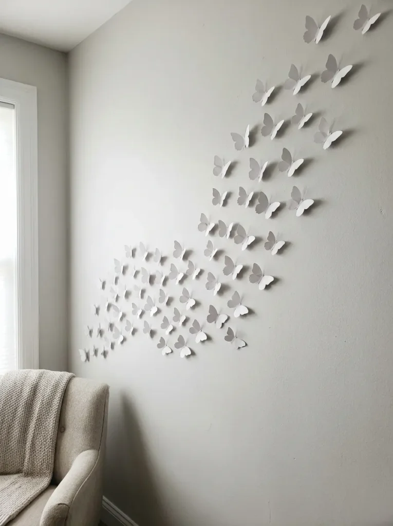 White paper butterflies as 3D wall decor in a bedroom.