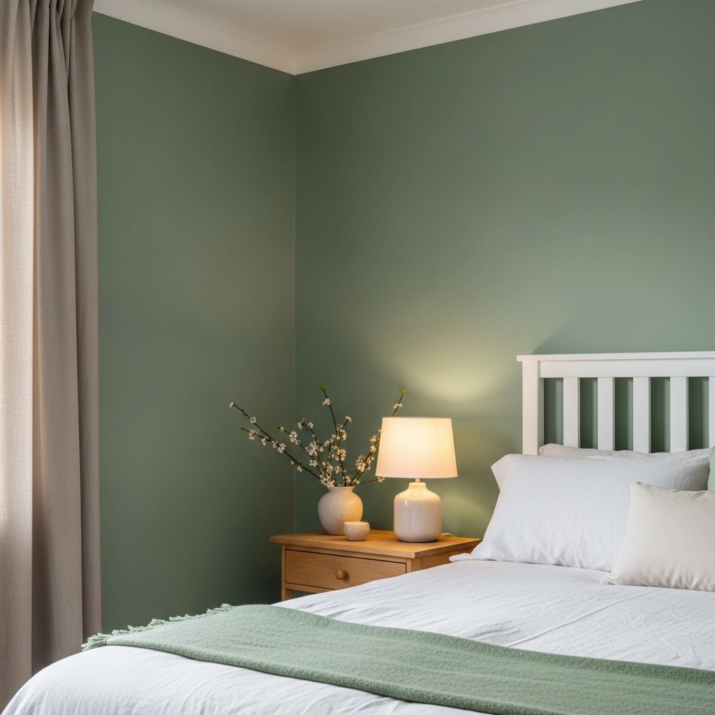  Spring bedroom with single sage green painted accent wall white slatted headboard white cream pastel bedding sage green throw natural wood nightstand cream table lamp white blossom stem vase and linen curtain panel in warm afternoon light for painting room ideas bedroom pastel spring 2026