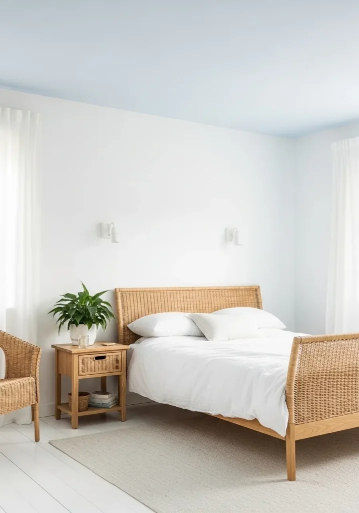 Bedroom with a soft blue ceiling to create a psychologically cooler atmosphere.