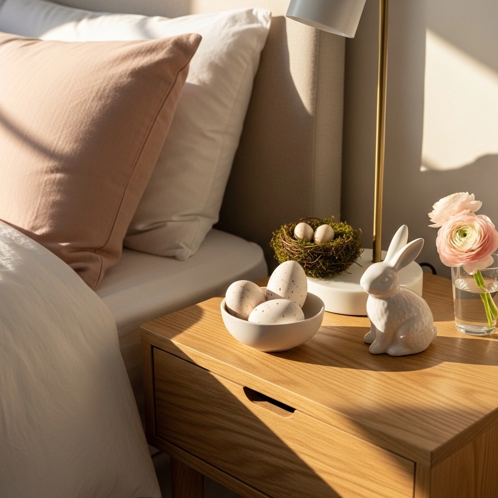 Pastel Easter bedroom with white ceramic bowl speckled cream blush ceramic eggs fresh moss nest cream eggs white ceramic rabbit figurine blush ranunculus clear glass and slim brass lamp on natural oak nightstand in warm golden morning window light for pastel Easter bedroom ideas 2026