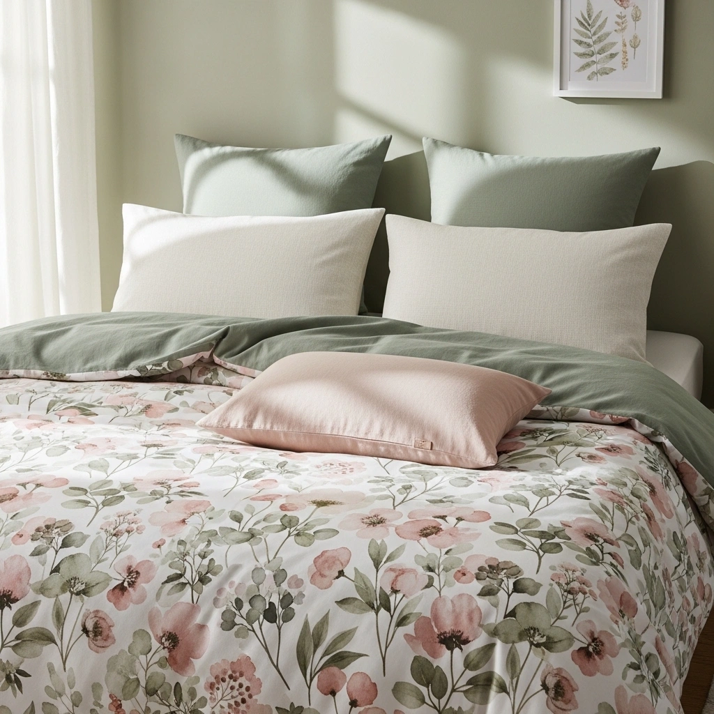 Pastel floral bedroom with watercolour blush sage botanical floral duvet cover plain sage green linen euro pillows cream textured pillowcases blush linen accent pillow and botanical watercolour print white frame on sage wall in soft spring morning light for pastel floral bedroom ideas 2026