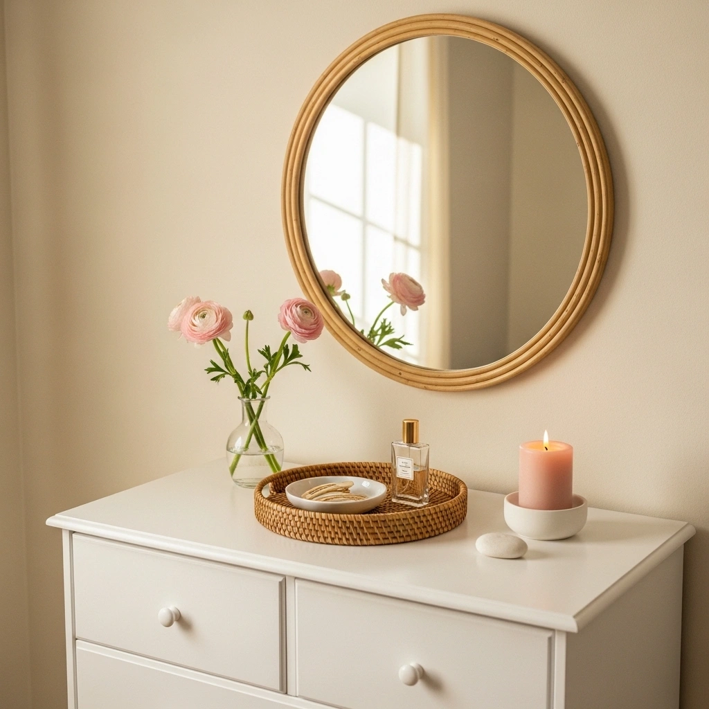 Spring pastel bedroom dresser vignette with round rattan mirror blush ranunculus clear glass vase natural rattan tray white ceramic dish brass perfume bottle blush pillar candle white ceramic holder and white oval stone on white dresser in morning window light for pastel spring bedroom dresser ideas 2026