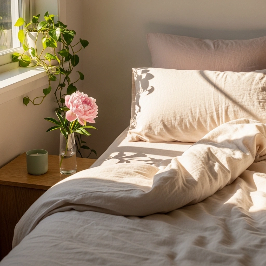 Pastel spring bedroom finishing touches with fresh blush peony slim glass on natural oak nightstand sage green ceramic candle trailing pothos new spring growth on windowsill cream linen duvet pushed back and soft morning window light on white blush pastel bedding for pastel spring bedroom ideas finishing touches 2026