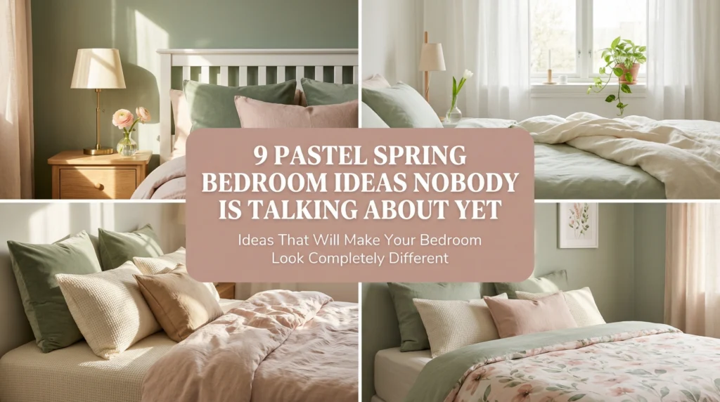 Pastel spring bedroom ideas nobody is talking about yet — 9 ideas collage showing light pink and sage green bedroom with brass lamp and blush ranunculus airy pastel bedroom with sheer curtains and trailing pothos soft pastel bedroom with blush linen duvet and sage velvet pillows and pastel floral bedroom with watercolour botanical duvet and sage wall for pastel spring bedroom ideas 2026