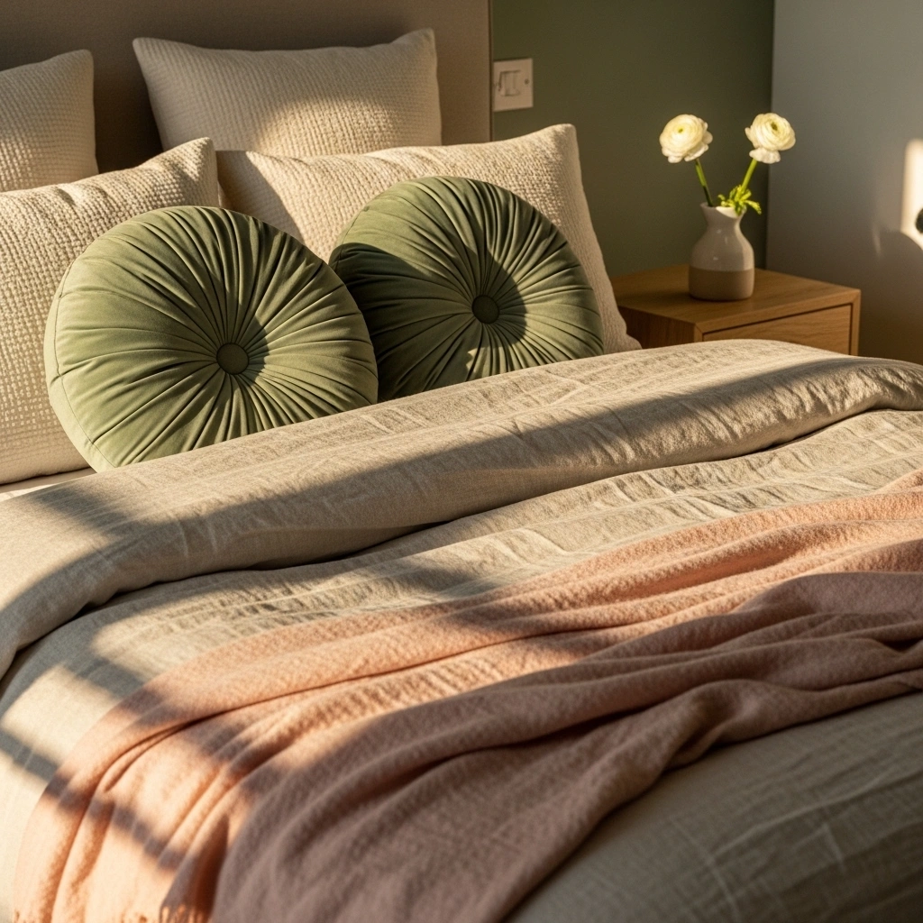 Pastel spring bedroom ideas with light pink and sage green colour combination featuring blush throw sage green euro pillows cream textured pillowcases natural oak bedside table white ranunculus vase in warm golden morning window light for pastel spring bedroom ideas 2026