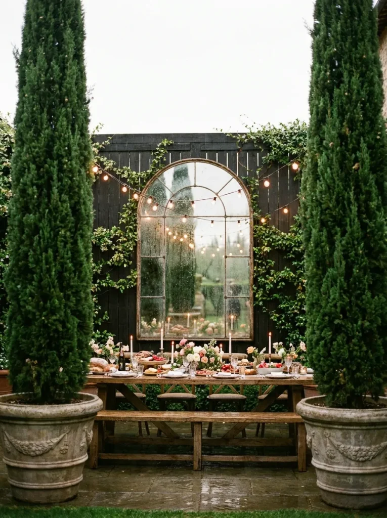 Outdoor dining area framed by cypress trees and a rustic mirror.