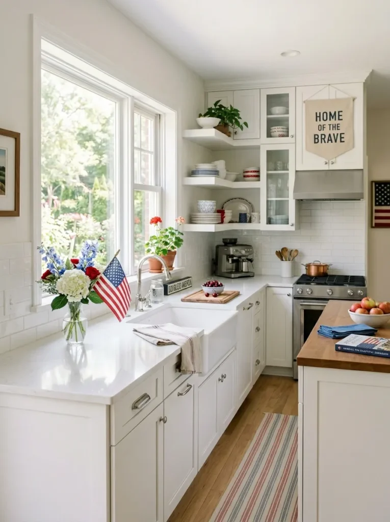 Subtle flag accents in patriotic kitchen – tasteful holiday decor