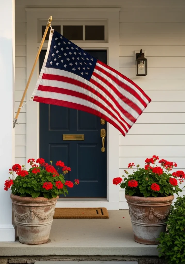 Patriotic porch decor ideas with American flag as artwork on navy painted front door with aged terracotta planters red geraniums and simple coir doormat creating restrained dignified patriotic display in warm afternoon light