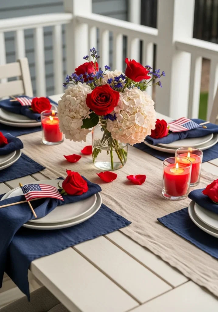 Elevated patriotic table setting ideas with natural linen tablecloth navy linen napkins white ceramic plates mason jar with red roses white hydrangeas blue wildflowers red pillar candles and American flag napkin details in afternoon light