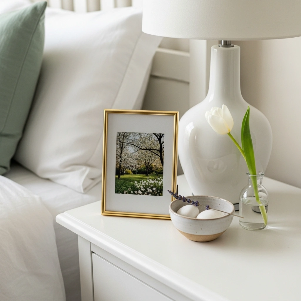 Personal spring bedroom refresh finishing touch with slim gold photo frame smooth pebble ceramic bowl dried lavender and white tulip bud vase on white nightstand for spring bedroom refresh ideas 2026
