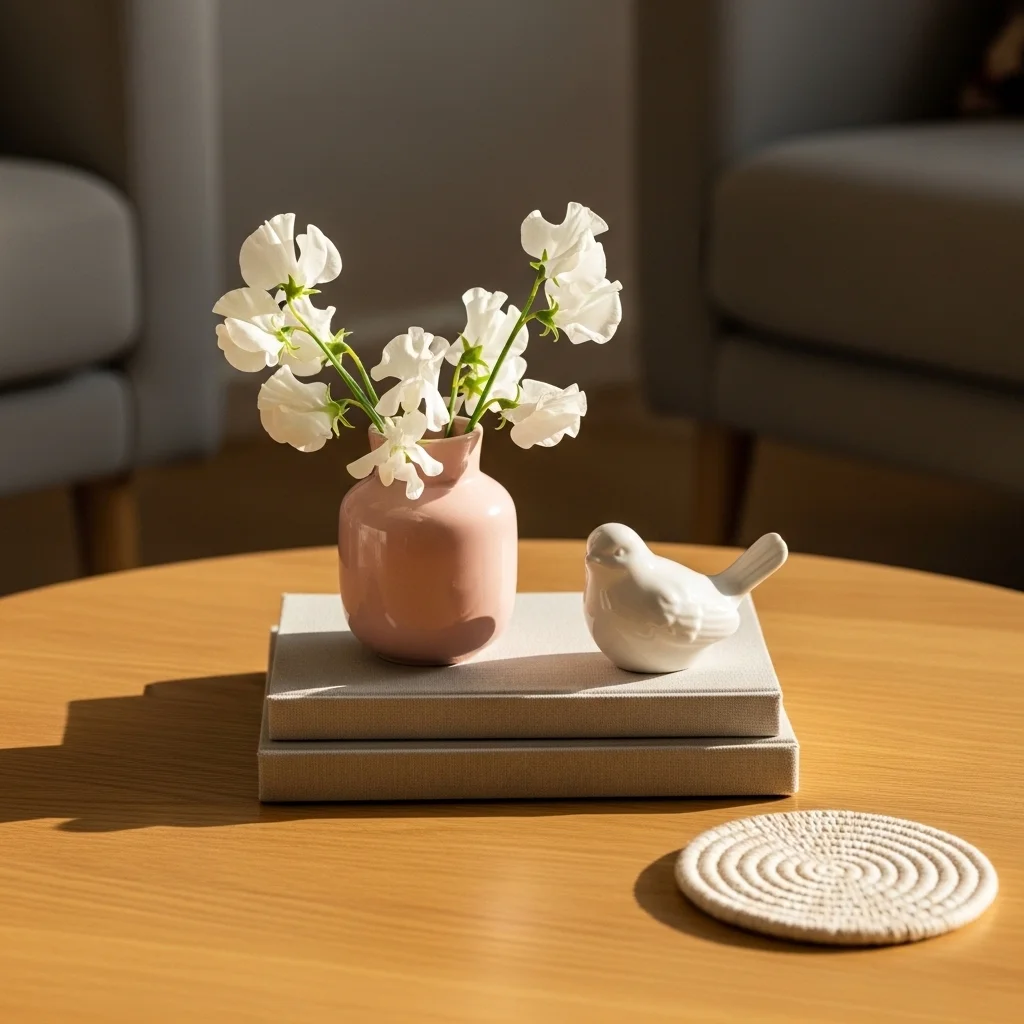 Personal spring coffee table with pink ceramic vase white sweet peas linen books and vintage white ceramic bird figurine on light oak round table for spring coffee table decor ideas
