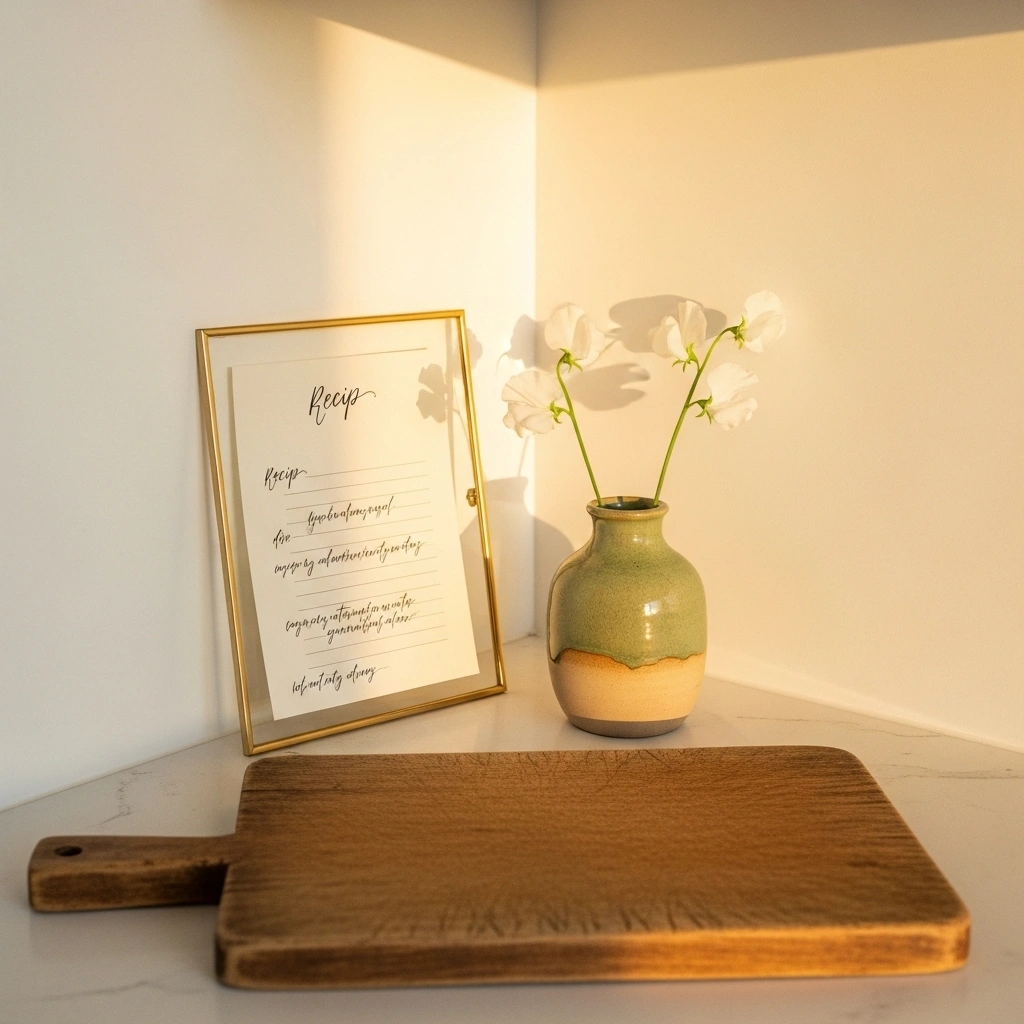 Personal spring kitchen counter detail with gold frame hand lettered recipe card hand thrown sage pottery vase white sweet peas and worn wooden cutting board for spring kitchen counter decor ideas 2026