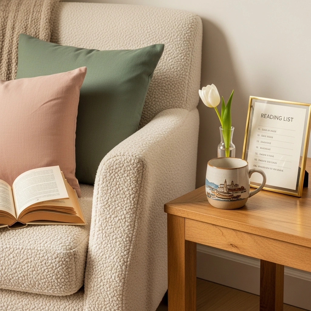 Personal spring reading nook with cream boucle armchair travel ceramic mug handwritten reading list in gold frame and fresh white tulip for meaningful spring reading nook decor ideas 2026