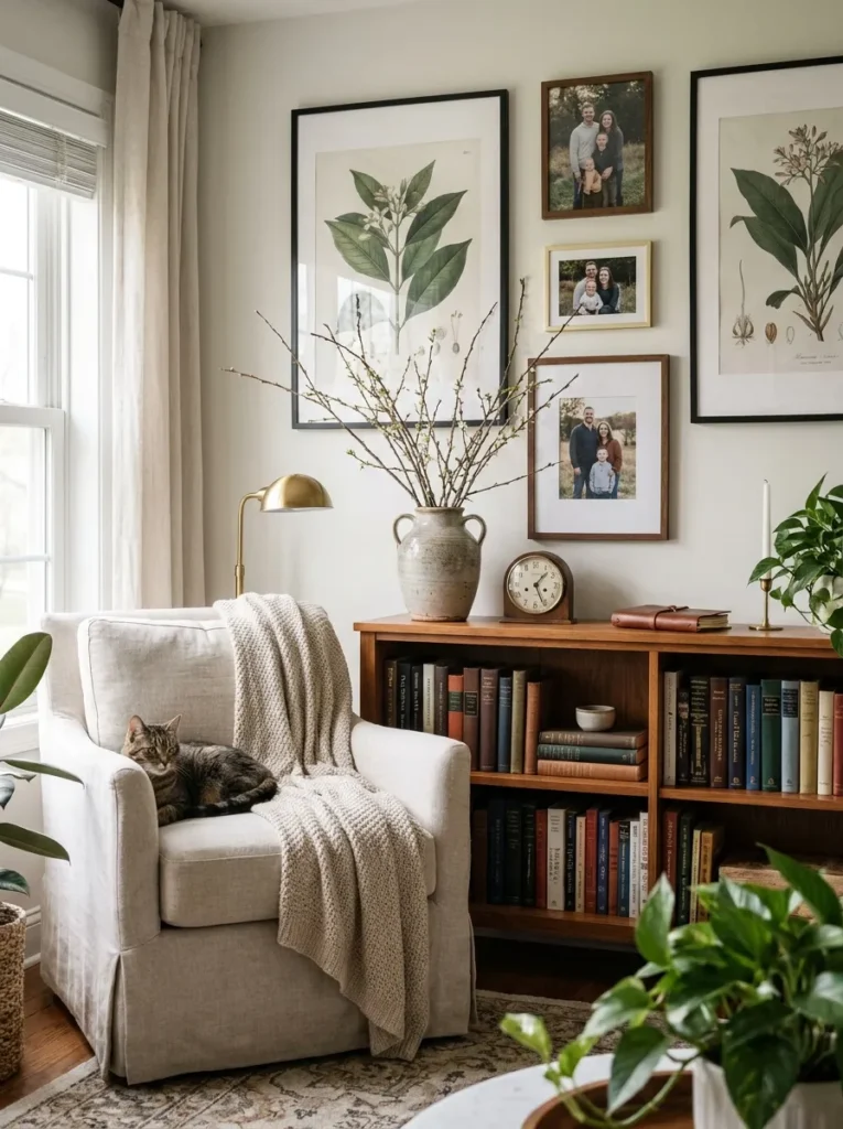 Reading nook with botanical artwork, framed prints, and meaningful decorative accents.