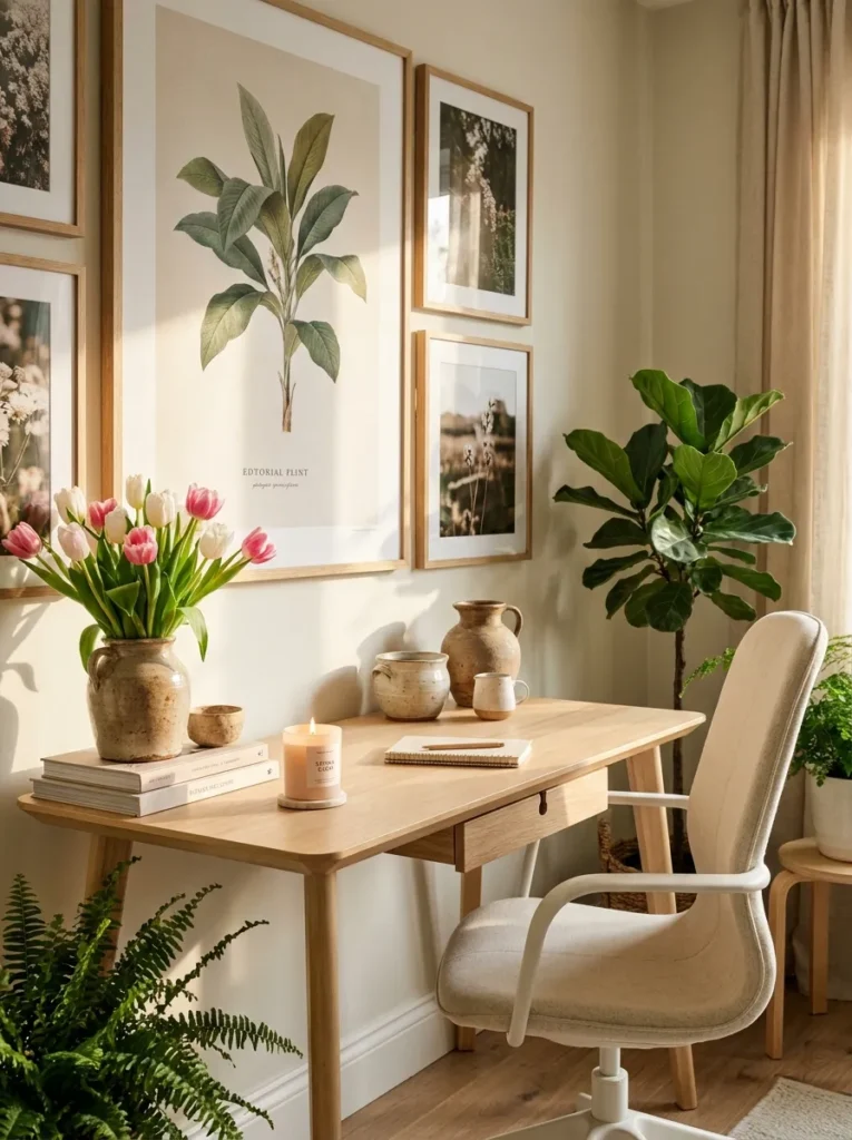 Spring home office with personal décor including artwork, fresh flowers, books, and meaningful decorative accents.