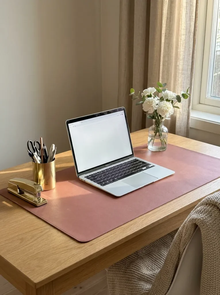 Pink and gold feminine desk decor with leather mat and gold accessories.