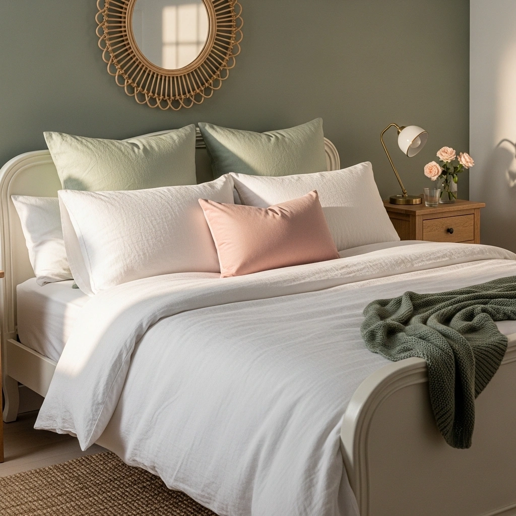 Pink and light green bedroom spring cottage with pale sage green linen euro pillows blush pink velvet accent pillow cream textured pillowcases white linen duvet rattan round mirror sage green accent wall aged brass table lamp fresh blush garden roses and sage green knit throw in warm golden morning window light for pink and light green bedroom spring cottage ideas 2026