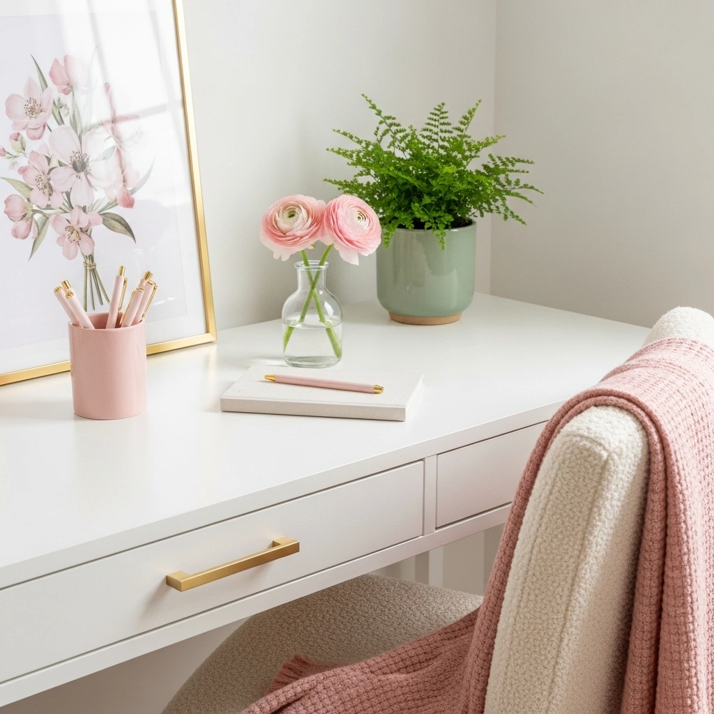 Pink home office spring decor with blush ceramic pen holder cream gold pens blush ranunculus bud vase cream linen notebook soft blush throw on cream boucle chair sage green ceramic fern pot and blush botanical print gold frame on white desk for pink home office spring decor ideas 2026