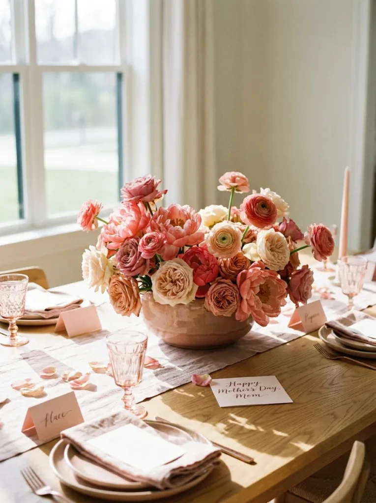 Monochromatic pink floral arrangement on an oak dining table with natural sunlight.