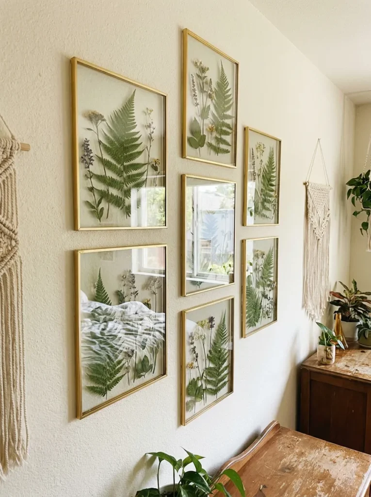 Gallery wall of pressed botanical frames in a bedroom.