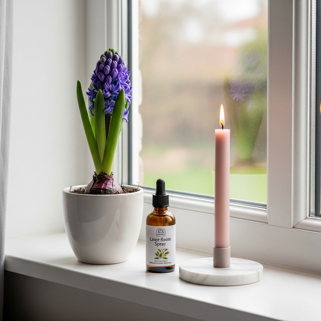 Spring bedroom scent refresh with purple hyacinth in white ceramic pot linen room spray glass bottle and blush pillar candle on windowsill for cozy spring bedroom refresh ideas