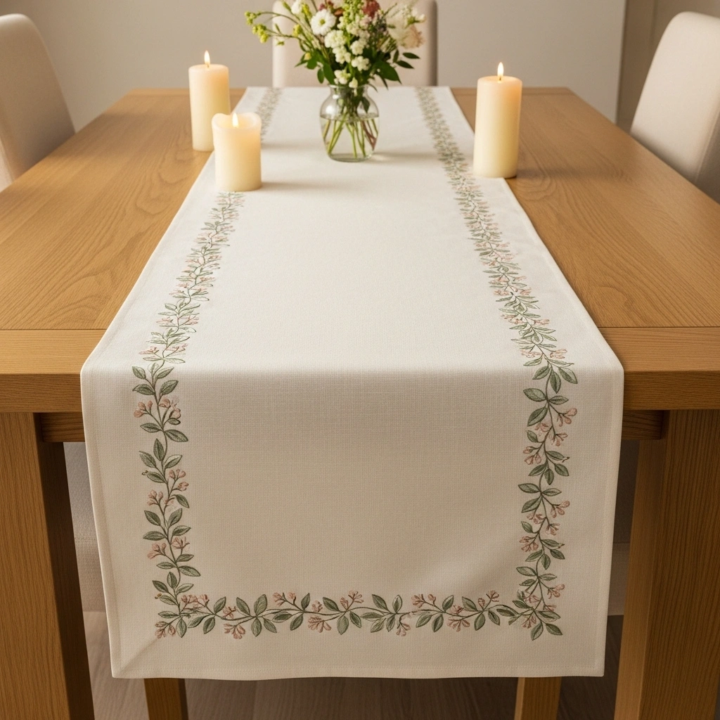 Spring dining room table runner with cream linen embroidered botanical sage and blush border on natural oak table with floral arrangement and pillar candles for spring dining room table runner ideas 2026