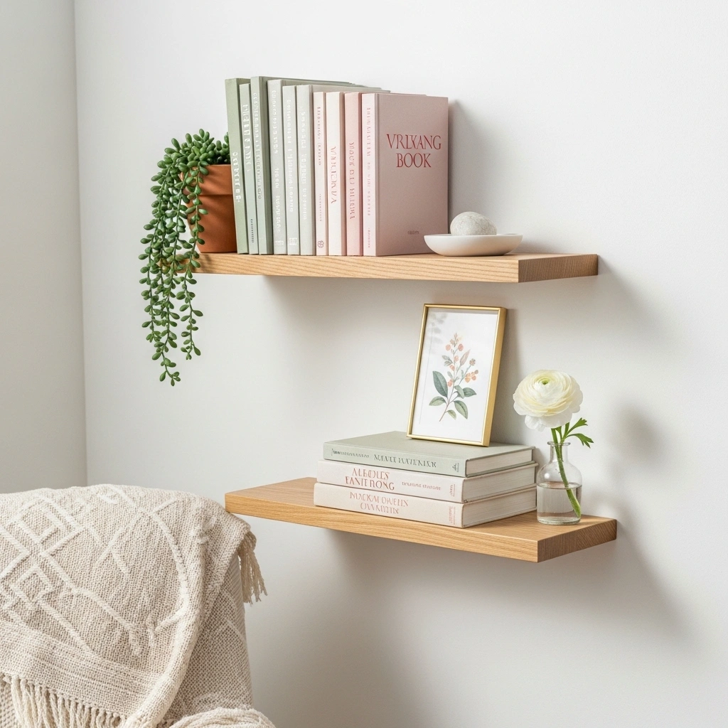 Spring reading nook bookshelf with sage cream and blush books terracotta succulent smooth stone riser stack with botanical print and white ranunculus bud vase on oak floating shelves