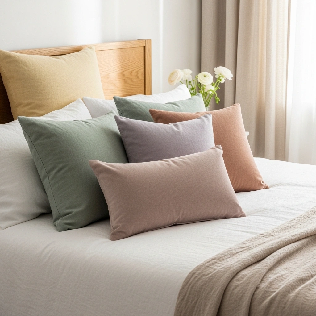 Quick spring bedroom refresh with sage green dusty lavender and blush cushions on white linen bed with butter yellow euro pillow and ranunculus nightstand vase for quick spring bedroom refresh ideas