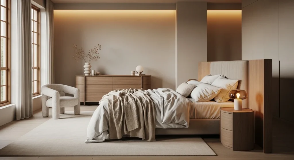 Quiet luxury home decor ideas with neutral tones, soft bouclé textures and warm lighting for an understated yet expensive-looking home