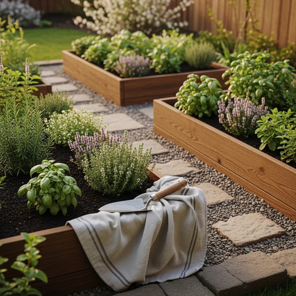 Raised bed herb garden spring with pathways – easy small backyard herb garden ideas