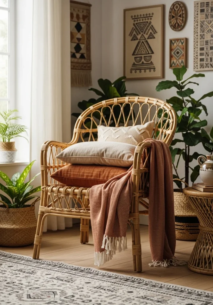 Rattan accent chair in Afrohemian home – comfortable cultural seating