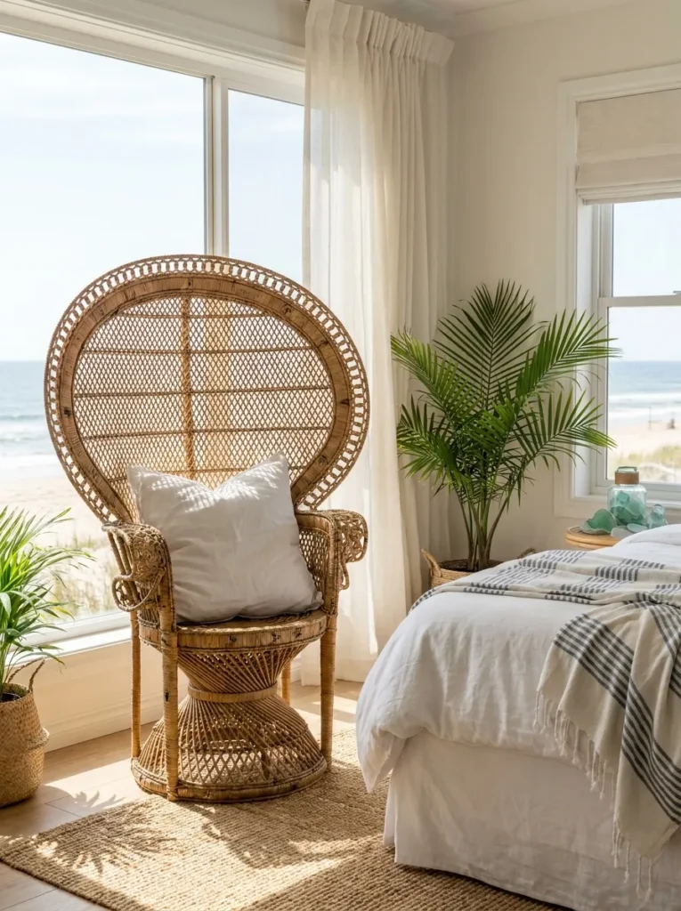 Rattan accent chair in a breezy summer bedroom.