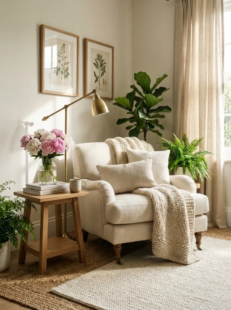 Finished spring reading nook with layered rug, comfortable chair, and coordinated décor.