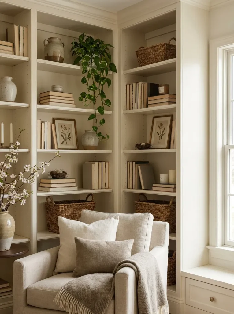 Beautifully styled reading nook bookshelves with books, plants, and decorative accessories.