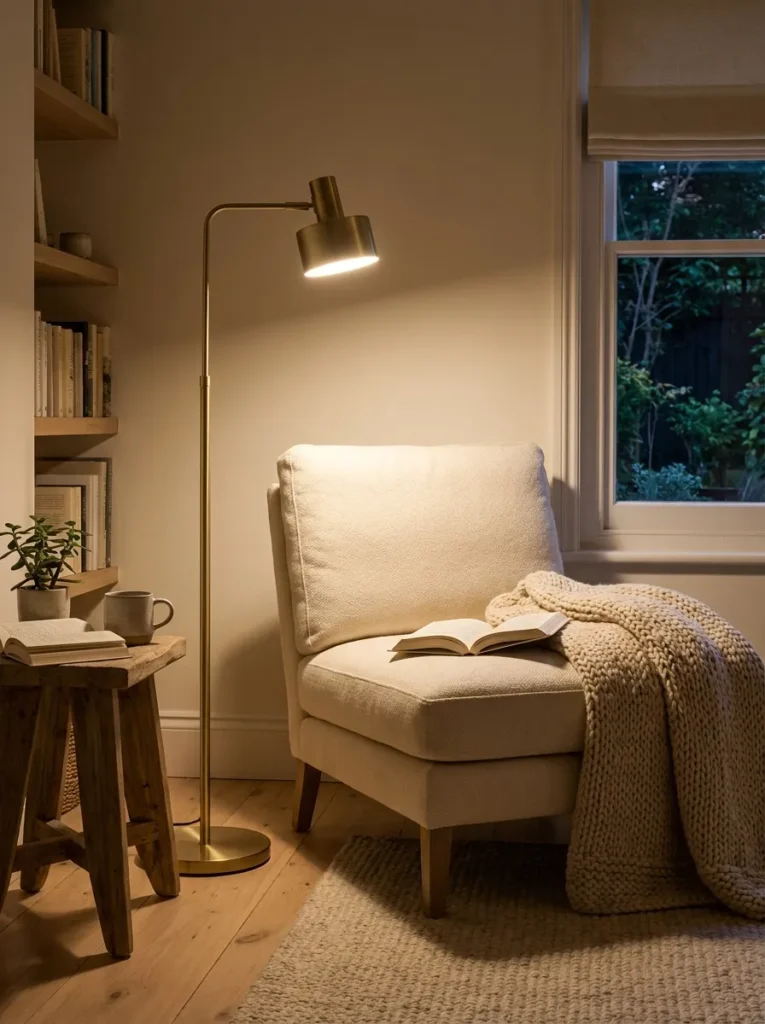 Reading nook with warm floor lamp creating a cozy evening atmosphere.