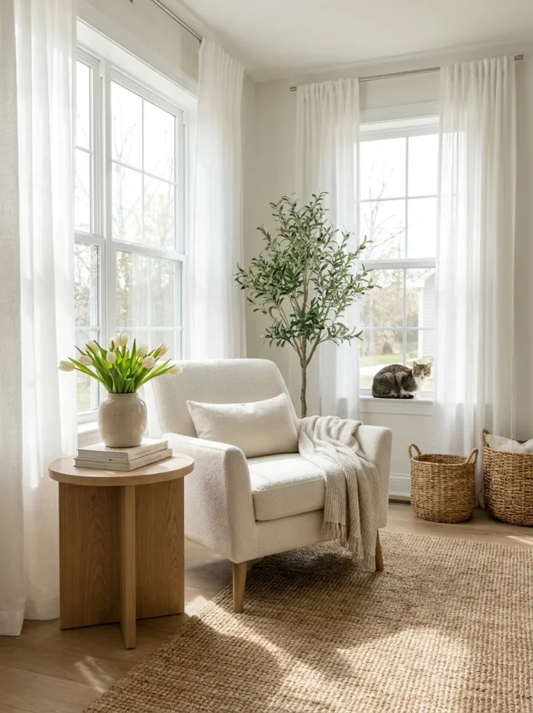 Spring reading nook beside a large window with sheer linen curtains and soft natural sunlight.