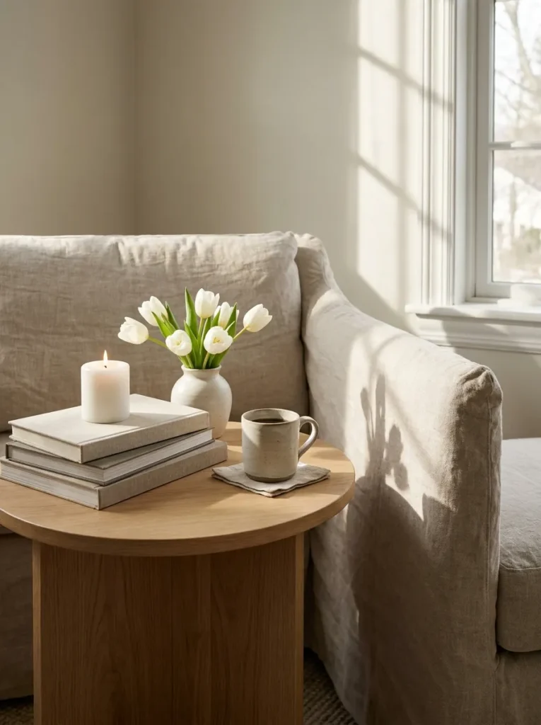 Oak side table styled with books, coffee mug, fresh flowers, and candle beside a reading chair.
