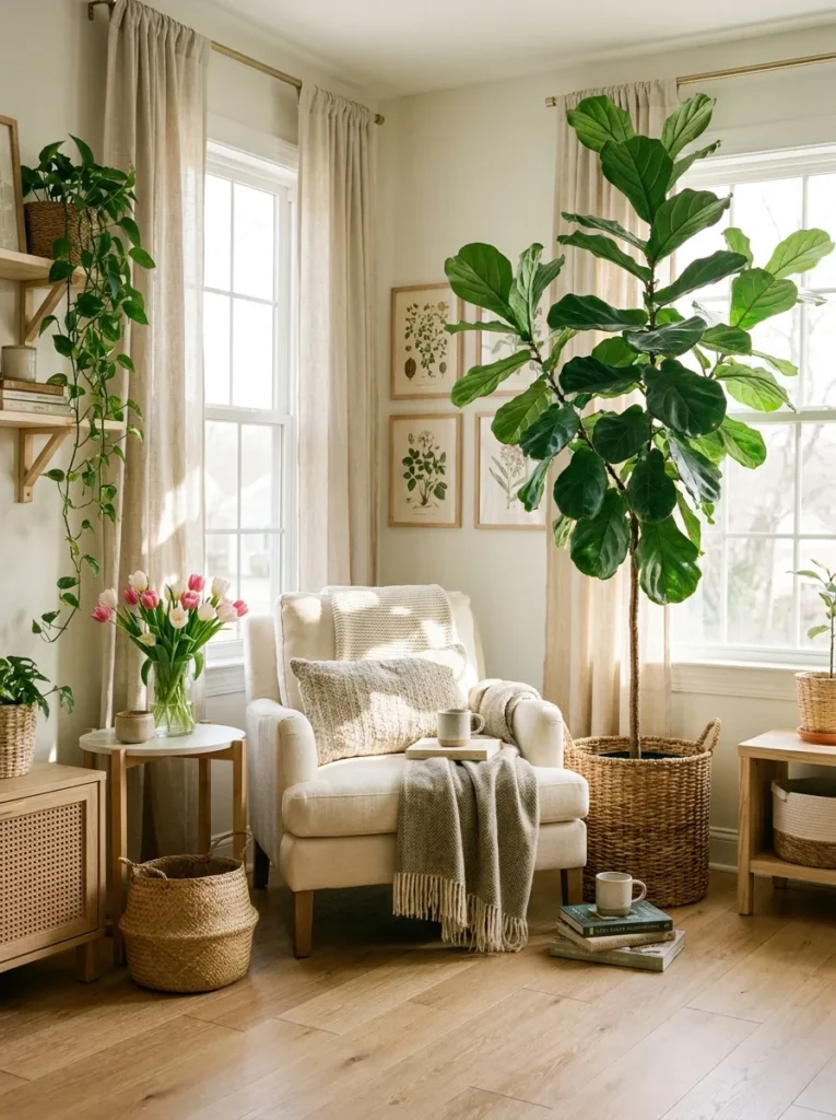 Spring reading nook with indoor plants, woven planter, fresh flowers, and natural sunlight.