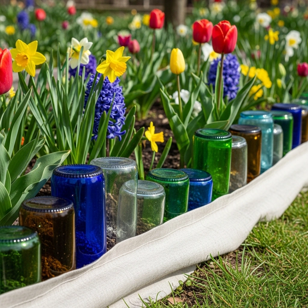 Recycled bottle glass edging – budget eco-friendly garden decor ideas