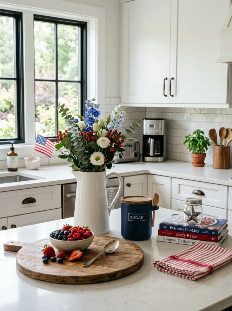 Red white and blue kitchen counter styling – functional and pretty